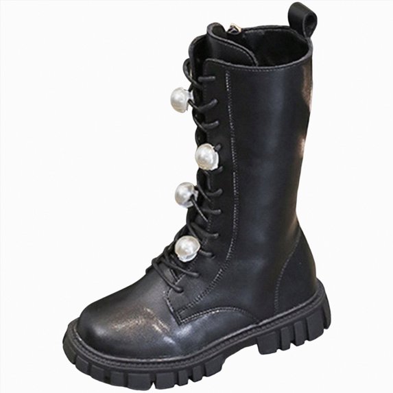 UngA Combat Boots Girls Leather Lace Up Boots Side Zipper Punk Goth Lug Sole Mid Calf Girls Horse Riding Boots (Little Kid/Big Kid),Size 2.5