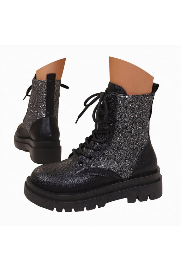 Combat Boots Women Faux Leather Ankle Boot Lace-up Military Style Chunky Lug Sole Booties Motorcycle Women's Boots Black,Size 6.5