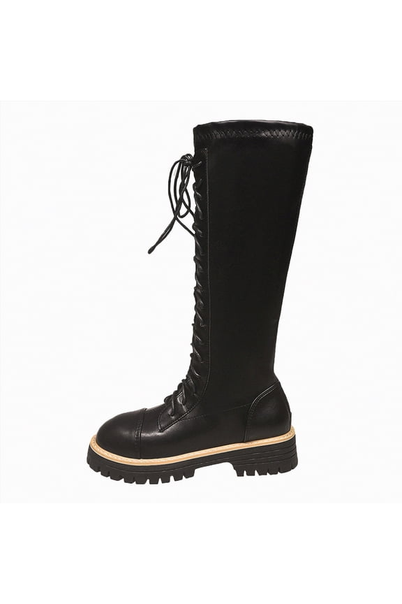 Combat Boots Women Lace up Mid Calf Boots Low Heel Chunky Platform Riding Boots Lug Sole Boots Women Black,Size 6.5