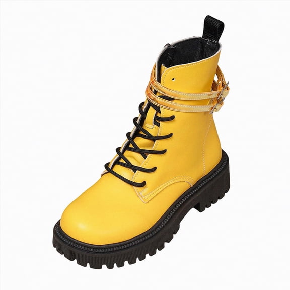 UngA Combat Boots Women Lace up Mid Calf Boots Low Heel Chunky Platform Riding Boots Lug Sole Womens Boots Yellow,Size 6