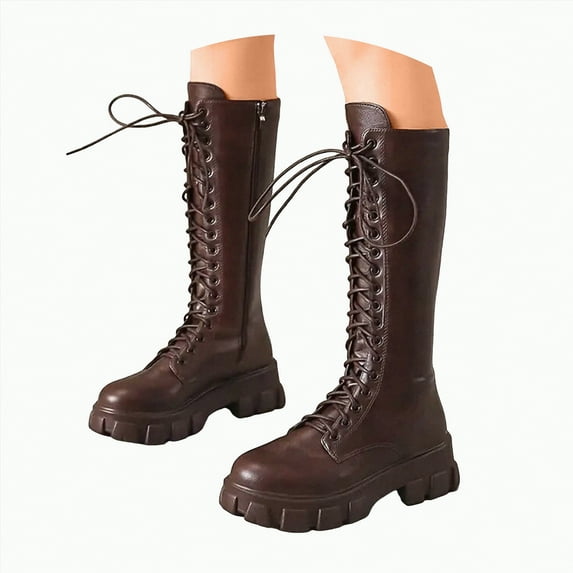 UngA Combat Boots Womens Lace up Mid Calf Boots Low Heel Chunky Platform Riding Boots Lug Sole Womens Boot Brown,Size 9