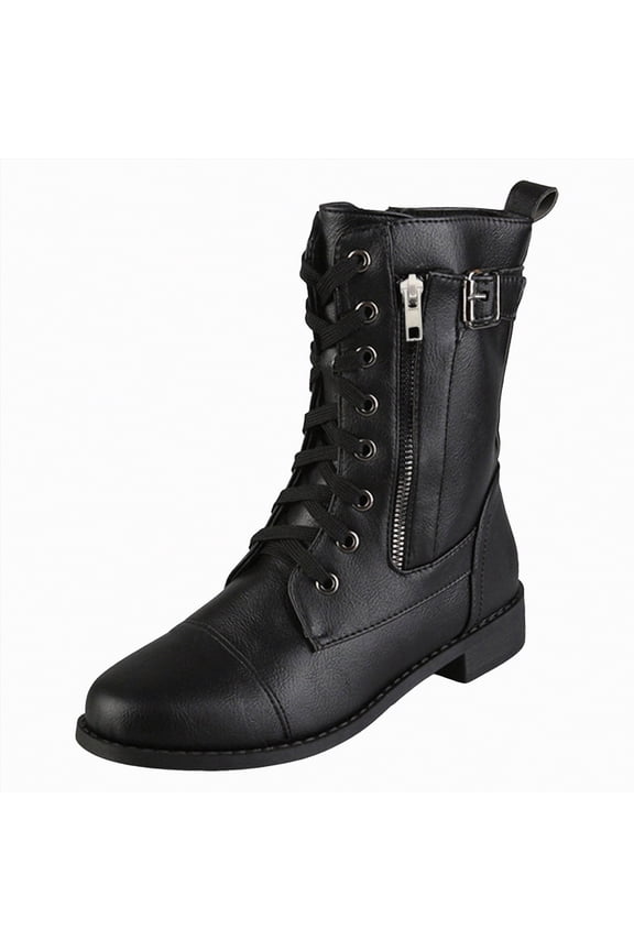 Combat Boots for Women Lace-Up Military Style Mid-Calf Boots with Side Zipper Faux Leather Round Toe Fall Winter Women’s Boots Black,Size 8