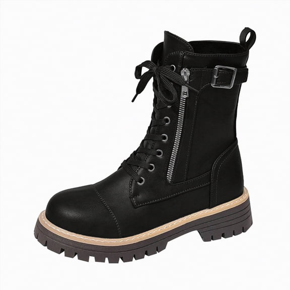 UngA Combat Boots for Women Lace up Mid Calf Boots Low Heel Chunky Platform Riding Boots Lug Sole Women Boots Black,Size 6