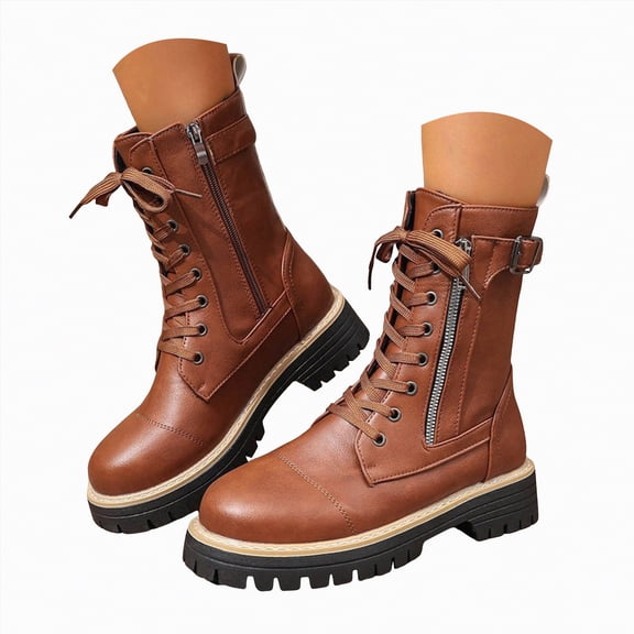 UngA Combat Boots for Women Style Mid-Calf Boots Lace Up Side Zipper Womans Boots Brown,Size 6