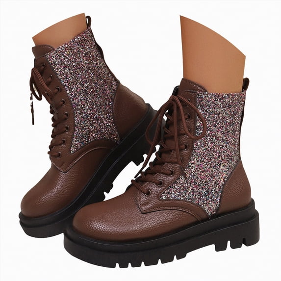UngA Combat Boots for Women Style Mid-Calf Boots Lace Up Side Zipper Women Boots Brown,Size 7