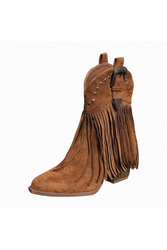 Cowboy Boots Women Embroidered Fringe Western Boots Mid-Calf Pointed Toe Cowgirl Boot with Tassel Brown,Size 6.5