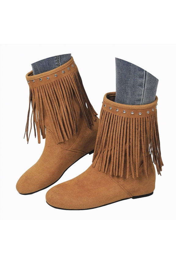 Cowboy Boots Women Fringe Mid Calf Cowgirl Boots Square Toe Chunky Heel Embroidery Stitched Western Boots with Tassel Khaki,Size 6