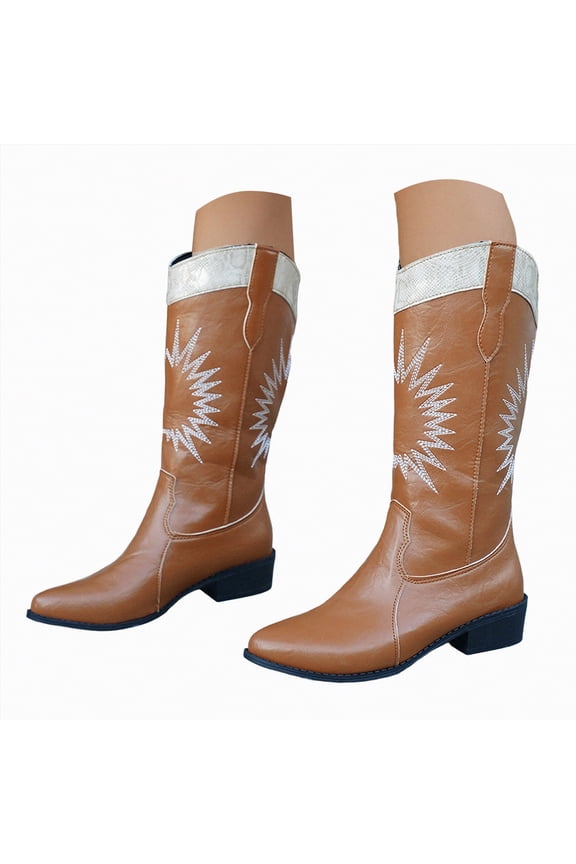 Cowboy Boots Women Mid Calf Cowgirl Boots Embroidery Stitched Western Boots Brown,Size 6.5