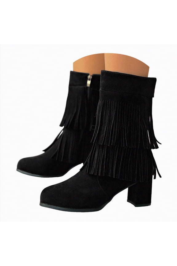 Cowboy Boots Women Pointy Toe Women's Fringe Western Boots Cowgirl Boots Mid Calf Boots with Tassel Black,Size 6.5
