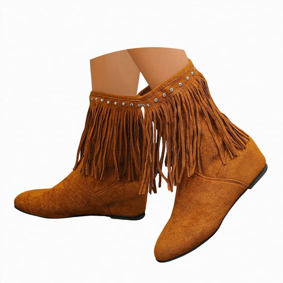 UngA Cowboy Boots Women Pull On Fringe Cowgirl Boots Mid Calf Western Boots with Tassel Available in Regular and Wide Calf Brown,Size 7.5
