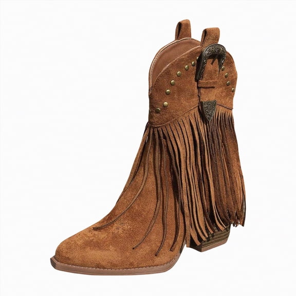 UngA Cowboy Boots for Women Wide Calf Square Toe Wide Fringe Western Boots Mid Calf Cowgirl Boots Pull On Fashion Embroidered Cowboy Boots with Tassel Brown,Size 7.5