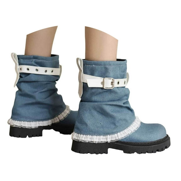 UngA Cowboy Boots Women confort Women's Mid Calf Boots, Comfort Buckle Slouchy Booties with Side Zipper Blue,6.5