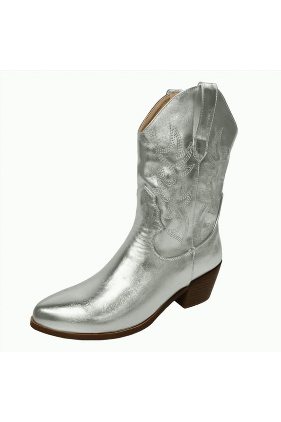 Cowboy Boots for Women Heel Motorcycle Style Classic Fashion Silver,7