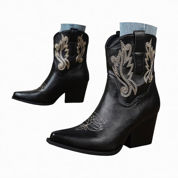 UngA Cowboy Boots for Women Mid Calf Western Cowgirl Boots Fashion Winter Boots for Women Chunky Low Heel Black,Size 7.5