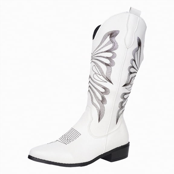 UngA Cowboy Boots for Women Western Cowgirl Boots Mid Calf Snip Toe Boot With Chunky Heel White,Size 6.5