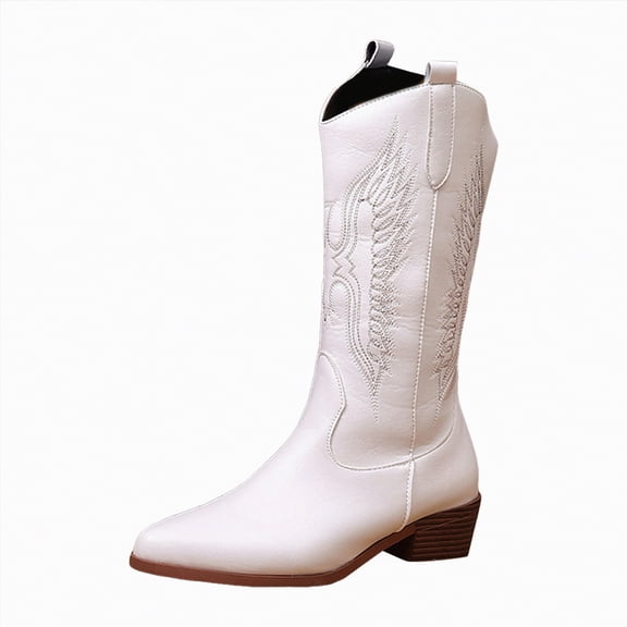UngA Cowboy Boots for Women Wide Calf Mid Calf Cowgirl Boots Square Toe Chunky Heel Embroidery Stitched Western Boots White,Size 7.5