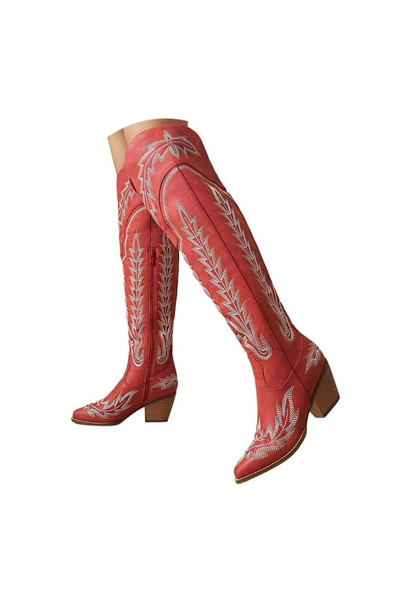 Cowboy Chic Women's Cowgirl Boots Mid Calf Western Cowboy Boots Round toe Chunky Heel Ankle Boots Red,C