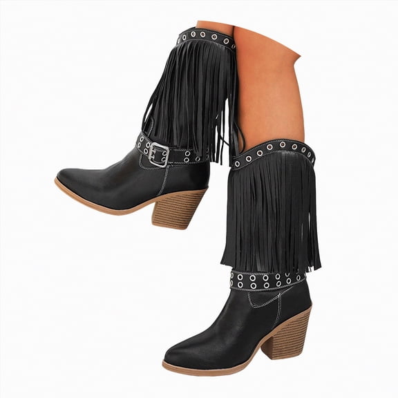UngA Cowboys Boots for Women Fashion Fringe Western Cowgirl Boots Country Concert Disco Outfits Low Heel Walking Boots for Ladies Black,Size 6