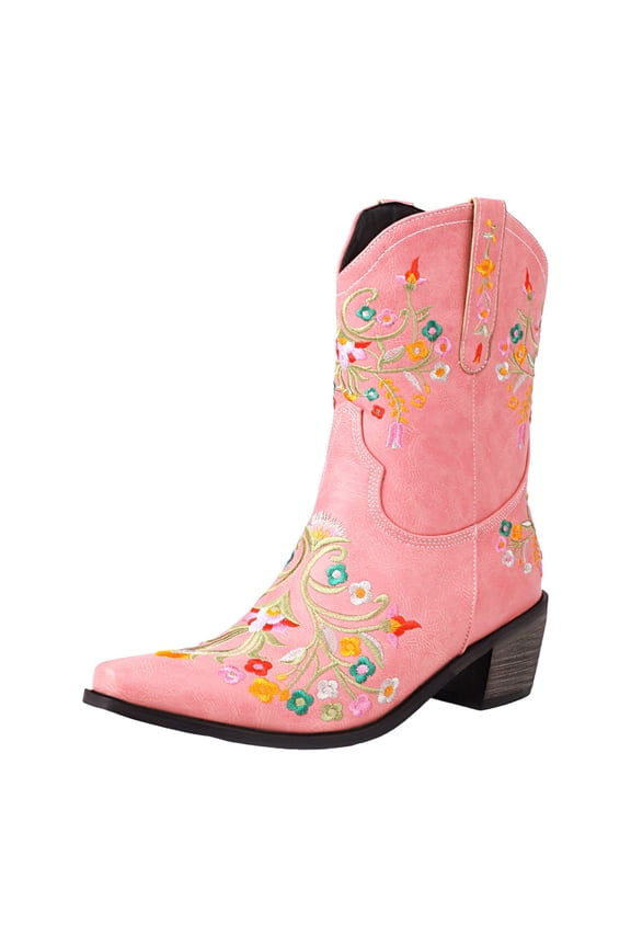 Cowgirl Boots Mid Calf Cowboy Boots for Women - Embroidered Cowgirl Boots Western Mid Calf Fashion Heel Pointed Toe Country Boot Pink,7
