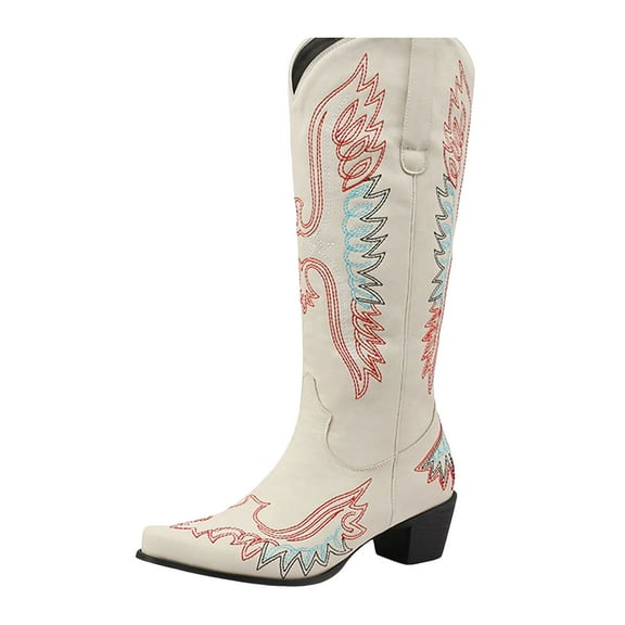 UngA Cowgirl Boots Women Women's Cowgirl Boots Mid Calf Western Cowboy Boots Round toe Chunky Heel Ankle Boots Beige,7.5