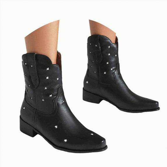 UngA Cowgirl Boots Women's Ankle Boots - Slouchy Fashion Low Calf Flat Booties Comfortable Round Toe Black,5.5