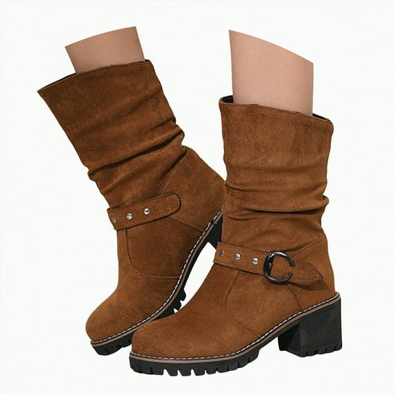 UngA Cowgirl Boots Women's Cowboy Boots Mid Calf Cowgirl Embroidered Western Chunky Heel Pull On Knee High Boots Khaki,7.5