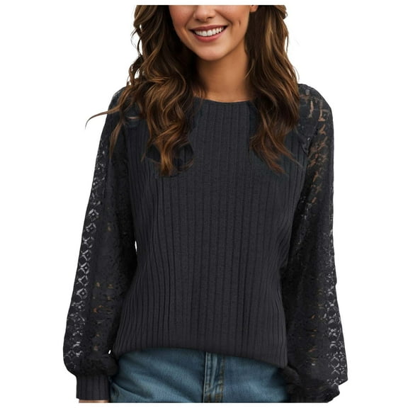 UngA Crewneck Long Sleeve Blouse Loose Womens Long Sleeve Crewneck Shirts Fall Winter Casual Work Tops Loose Fit Clothes Trendy Basic Outfits 2025 Black,M