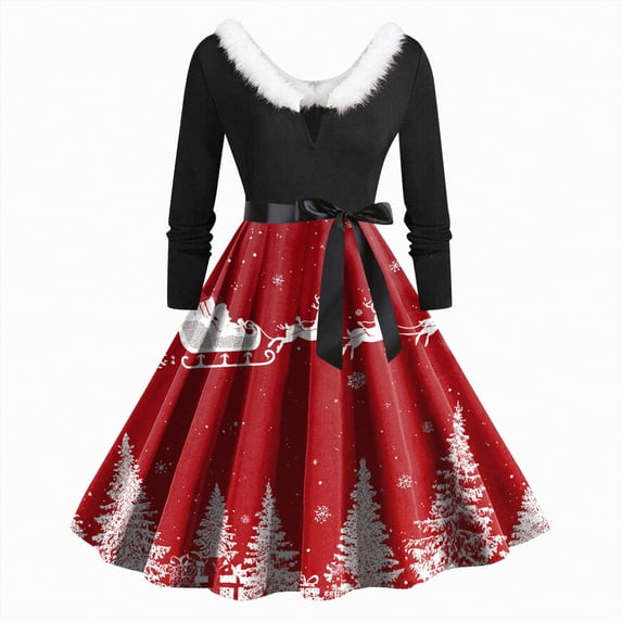 UngA Dress for Christmas for Women 1950s Retro Vintage Furry V-Neck Swing Party Dresses Xmas Printed Evening Prom Women Cocktail Dresses,Size M