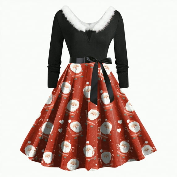 UngA Dress for Christmas for Women 2025 Winter Warm Plush V Neck Cute Printed Party Dresses with Belt Long Vintage Cocktail Dresses for Women,Size M