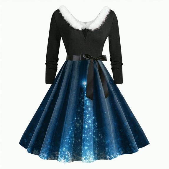 UngA Dresses for Christmas Women 1950s Vintage Plush V-Neck Long Sleeve Swing Cocktail Dresses Xmas Evening Womens Party Dress,Size S