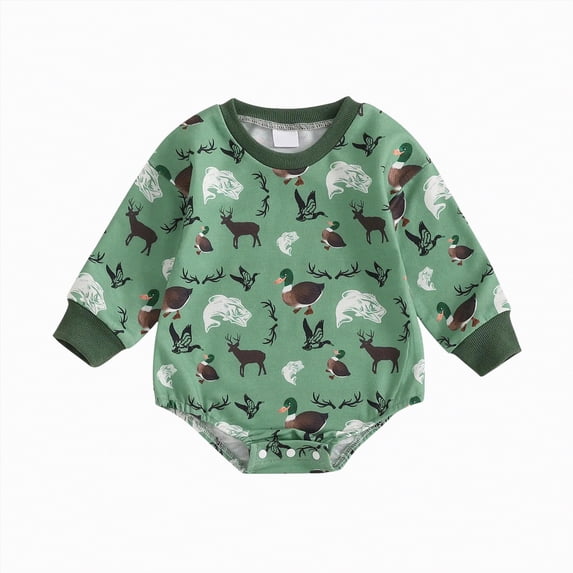 UngA Duck Hunting Baby Boy Clothes Mallard Duck Sweatshirt Bubble Romper Long Sleeve Bodysuit Fall Winter Spring Outfit (Green,12-18 Months)
