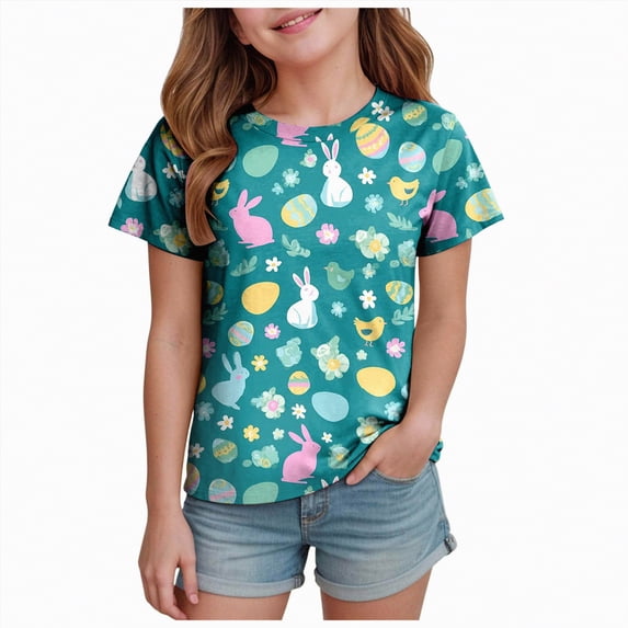 UngA Easter Shirt Girls Bunny Kids Short Sleeve Cotton Tee Funny Rabbit Graphic Toddler Girl Tshirt (Green,10-11 Years)