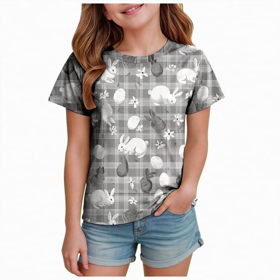 UngA Easter Shirts for Girls Bunny Kids Cute Rabbit Print Tops Tees Funny Short Sleeve Toddler Girl T Shirt (Grey,2-3 Years)