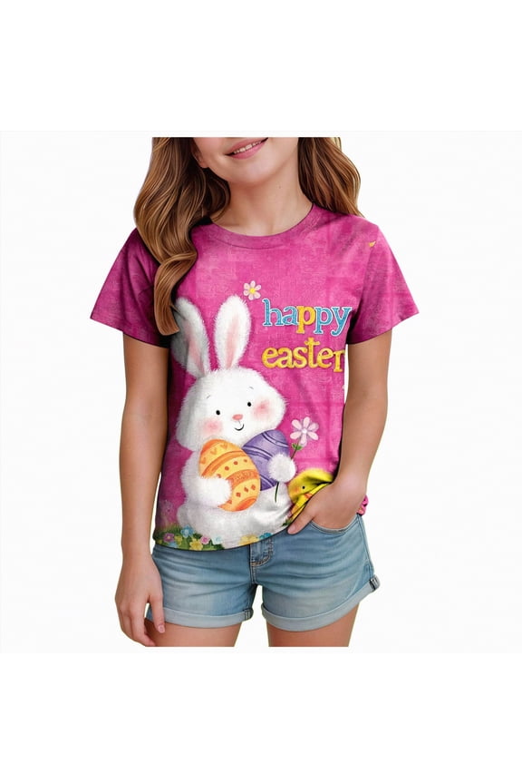 Easter Shirts for Girls Bunny Kids Graphic Tees Summer Short Sleeve Tops Funny Rabbit Toddler Girls Tshirts (Hot Pink,8-9 Years)
