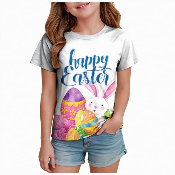 UngA Easter Shirts for Toddler Girls Graphic Tees for Kids Tops Bunny Short Sleeve Girls Tshirt (White,3-4 Years)