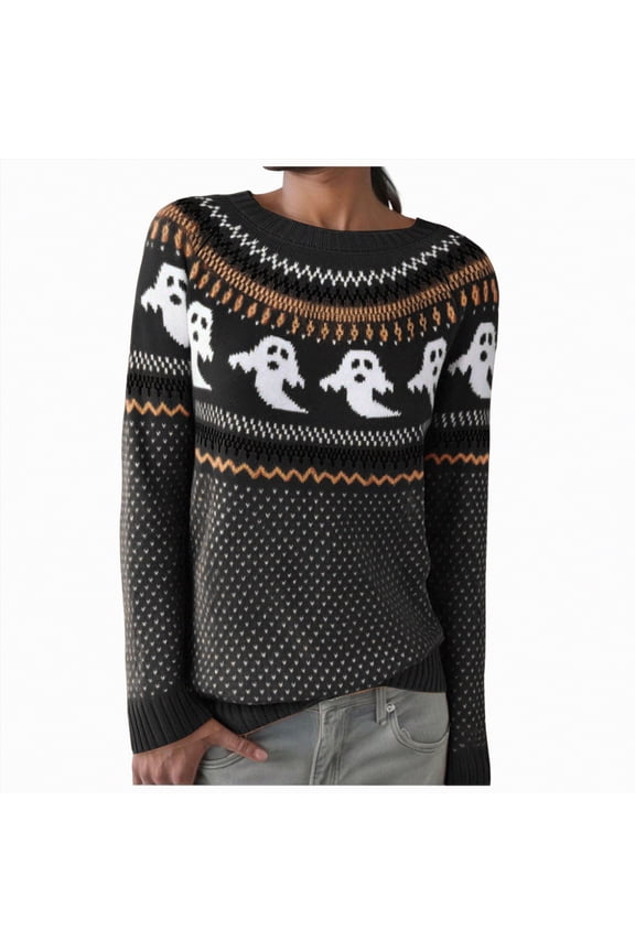 Linfrsh Ghost Face Sweater Halloween Knitted Pullover Sweaters Fall Winter Fashion Maple Leafs Pumpkin Clothes Fall Outfits for Women Black,M