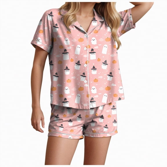 UngA Ghost Pajamas Women Pajama Set for Women 2 Piece Lounge Set Short Sleeve Tops and Shorts Soft Sleepwear Loungewear Sweatsuits Light Pink,L