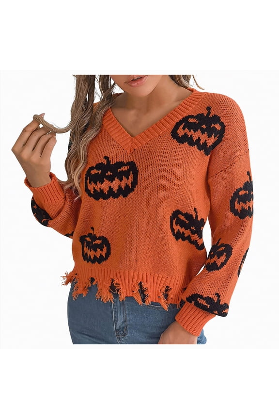 Ghost Sweater Women Halloween Sweatshirt for Women Embroidered Sweaters Cute Spooky Season Shirt Long Sleeve Fall Winter Pullover Tops Orange,M
