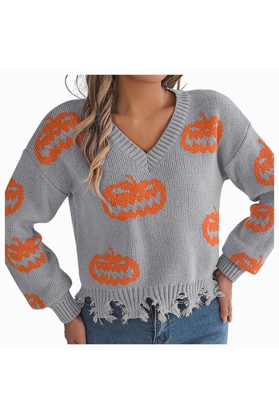 Ghost Sweater Women Sweaters for Women Casual Crewneck Long Sleeve Floral Print Cable Knit Pullover Sweater Tops Grey,L
