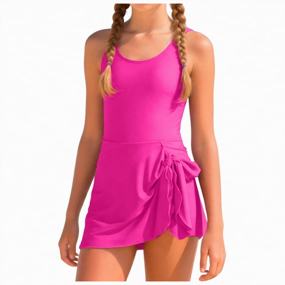 UngA Girl Swimsuit One Piece Swim Dress Adjustable Straps Bathing Suit for Girls Solid Color Swimwear (Hot Pink,15-16 Years)
