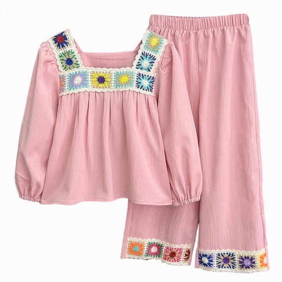 UngA Girl's 2 Piece Outfits Boho Floral Crochet Long Sleeve Top and Wide Leg Pants for Toddler Kids 2-3 Years,Red