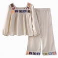 thumbnail image 1 of UngA Girl's 2 Piece Outfits Boho Floral Crochet Long Sleeve Top and Wide Leg Pants for Toddler Kids 3-4 Years,Beige, 1 of 7