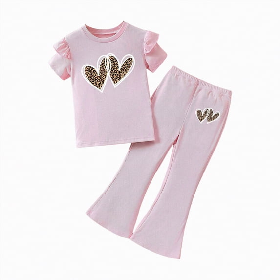 UngA Girl's 2 Piece Outfits Leopard Print Clothing Set Toddler Kids Cute Heart Graphic Short Sleeve Tee and Flare Bell Bottom Pants 2-3 Years,Red