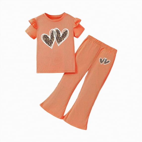 UngA Girl's 2 Piece Outfits Leopard Print Clothing Set Toddler Kids Cute Heart Graphic Short Sleeve Tee and Flare Bell Bottom Pants 4-5 Years,Orange