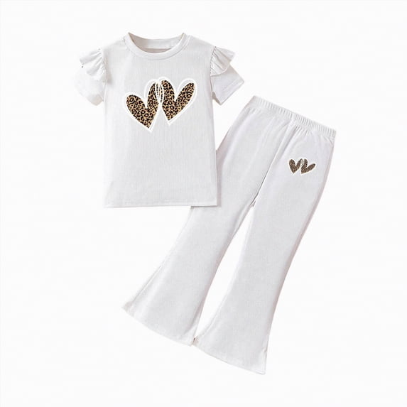 UngA Girl's 2 Piece Outfits Leopard Print Clothing Set Toddler Kids Cute Heart Graphic Short Sleeve Tee and Flare Bell Bottom Pants 4-5 Years,White