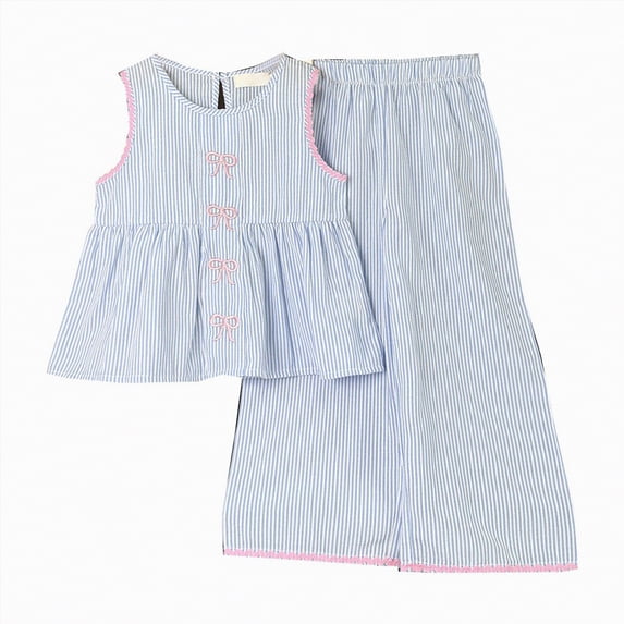UngA Girl's 2 Piece Striped Outfits Bow Knot Ruffle Peplum Tank Top and Wide Leg Pants Set for Toddler Kids Summer Spring Clothes 4-5 Years,Blue