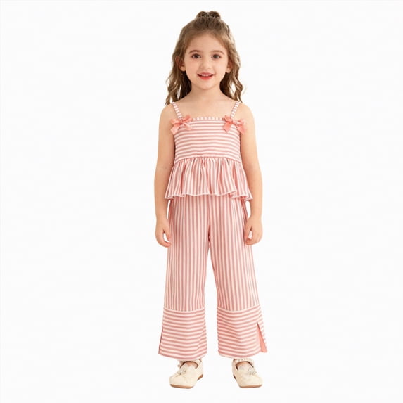 UngA Girl's 2 Piece Striped Outfits Cami Top Wide Leg Pants Ruffle Hem Toddler Kids Summer Clothes with Pockets 3-4 Years,Pink