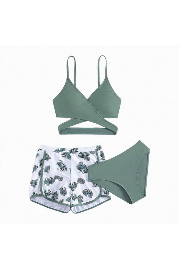 Girl's 3 Piece Swimsuit Tropical Print Criss Cross Bikini Set Bathing Suit for Girls Swimwear with Shorts (Mint Green,14-15 Years)