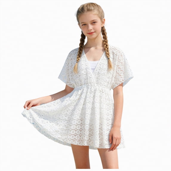 UngA Girl's Chiffon V Neck Short Sleeve Drawstring Beach Dress Girls Cover Ups for Swimwear (White,11-12 Years)