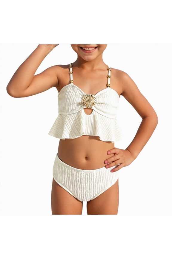 Girl's Two Piece Swimsuit Metallic Shell Bikini Sets Cut Out Ruffle Top High Waist Hipster Bathing Suits for Girls Swimwear (White,4-5 Years)